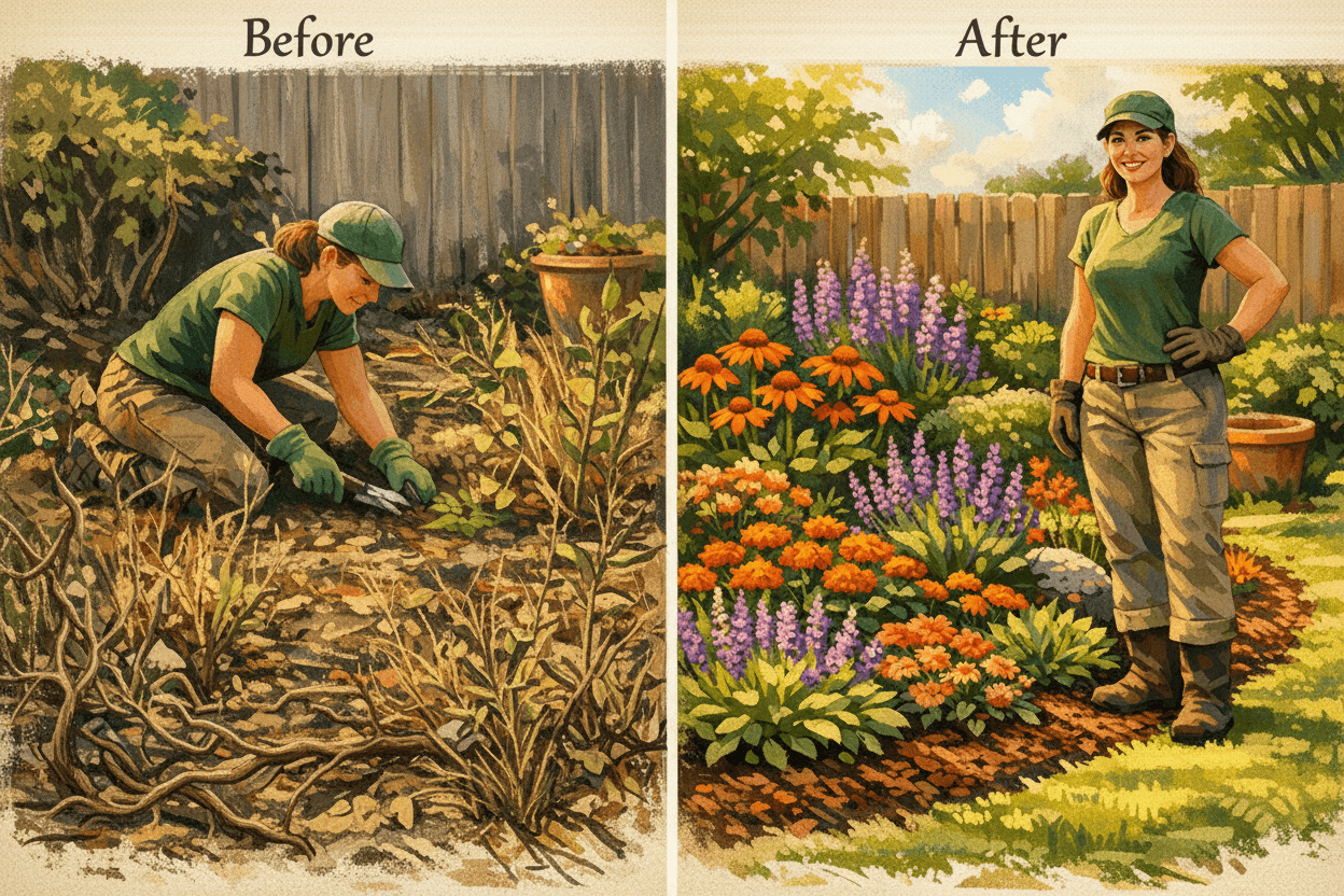 Woman gardening in a rehabilitated garden bed with newly planted native plants and fresh soil
