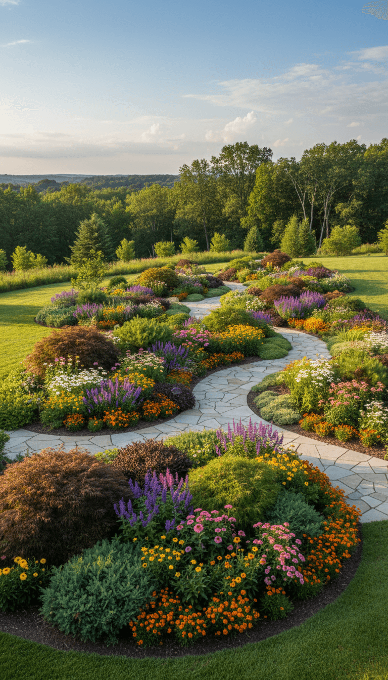 Curved landscape design with layered plantings and flowering shrubs