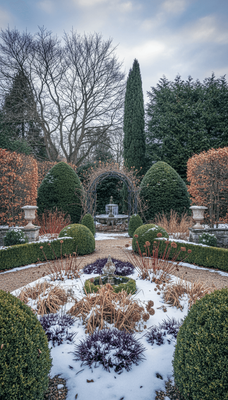 Winter garden showing evergreen structures and year-round interest