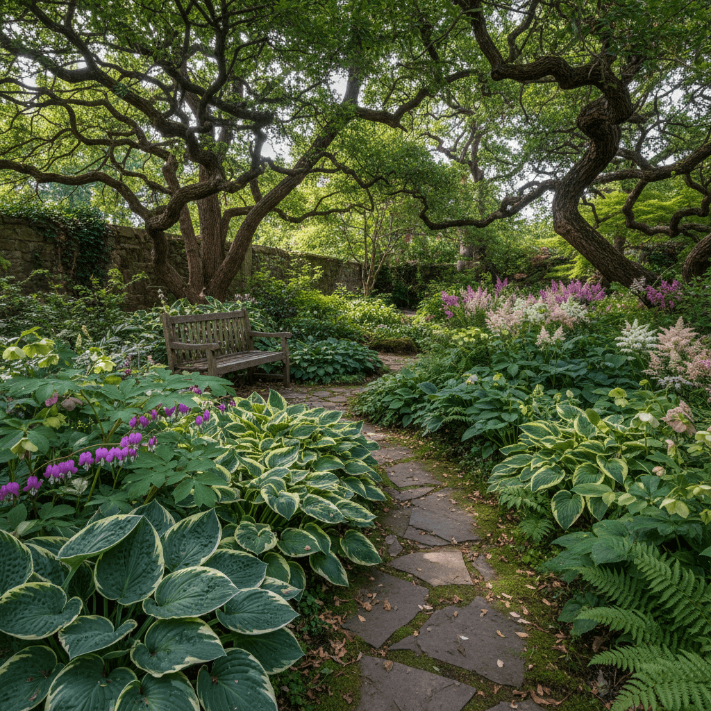 Shade garden with planted hostas and shade plants