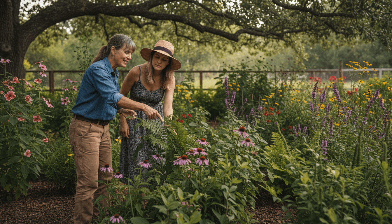 Jill teaching a homeowner about native plants in a garden setting