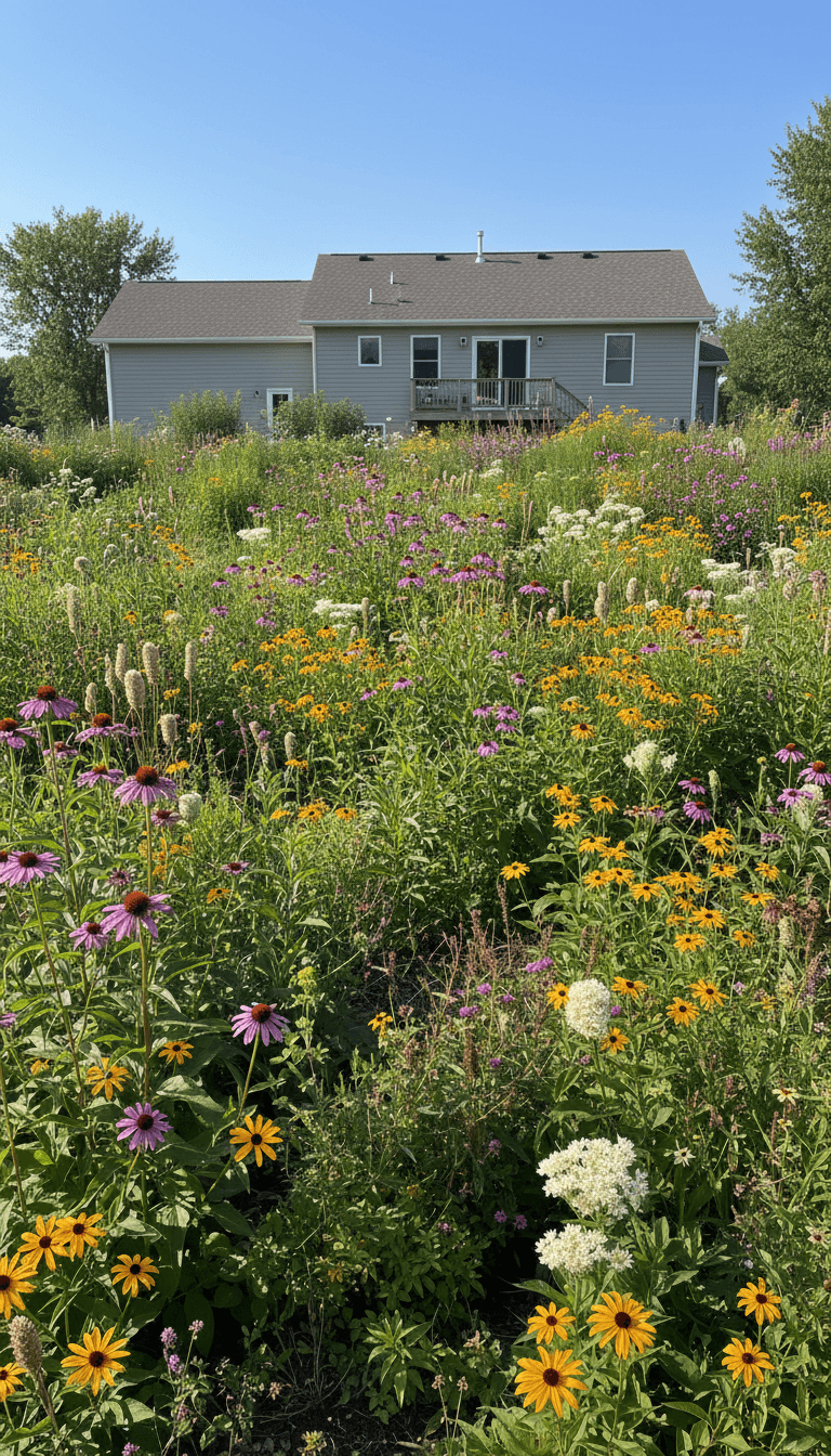 Native plant garden in full summer bloom with layered textures