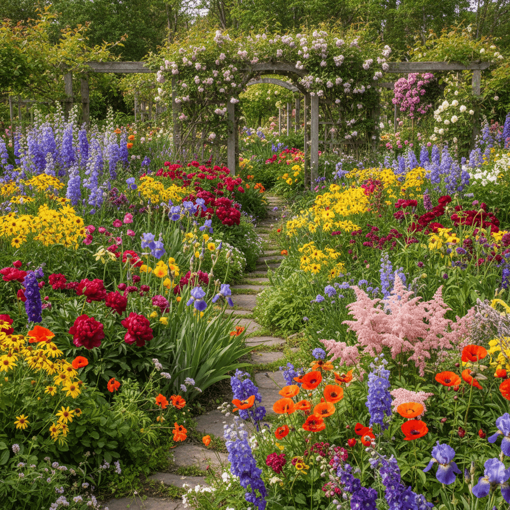 Colorful perennial flower garden in spring bloom