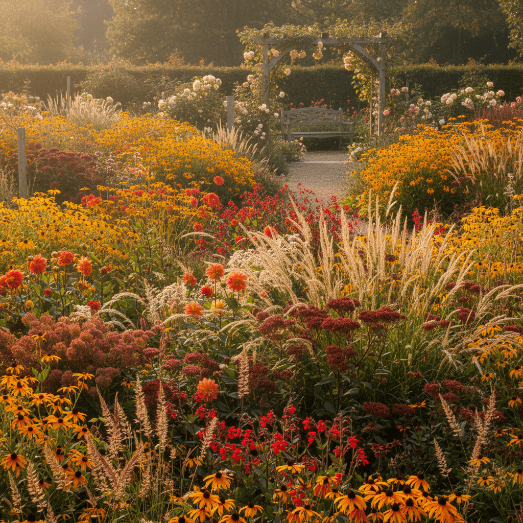 Late summer garden with golden flowers and ornamental grasses