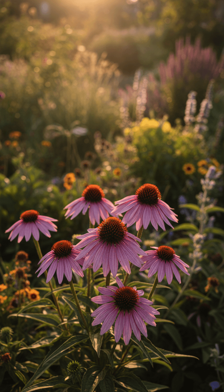 Purple coneflowers blooming in a mature perennial bed