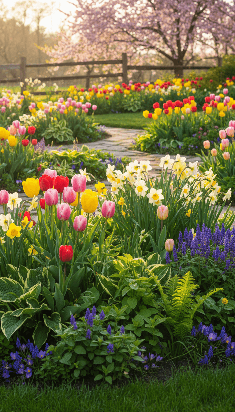 Spring garden display with vibrant tulips and daffodils in full bloom