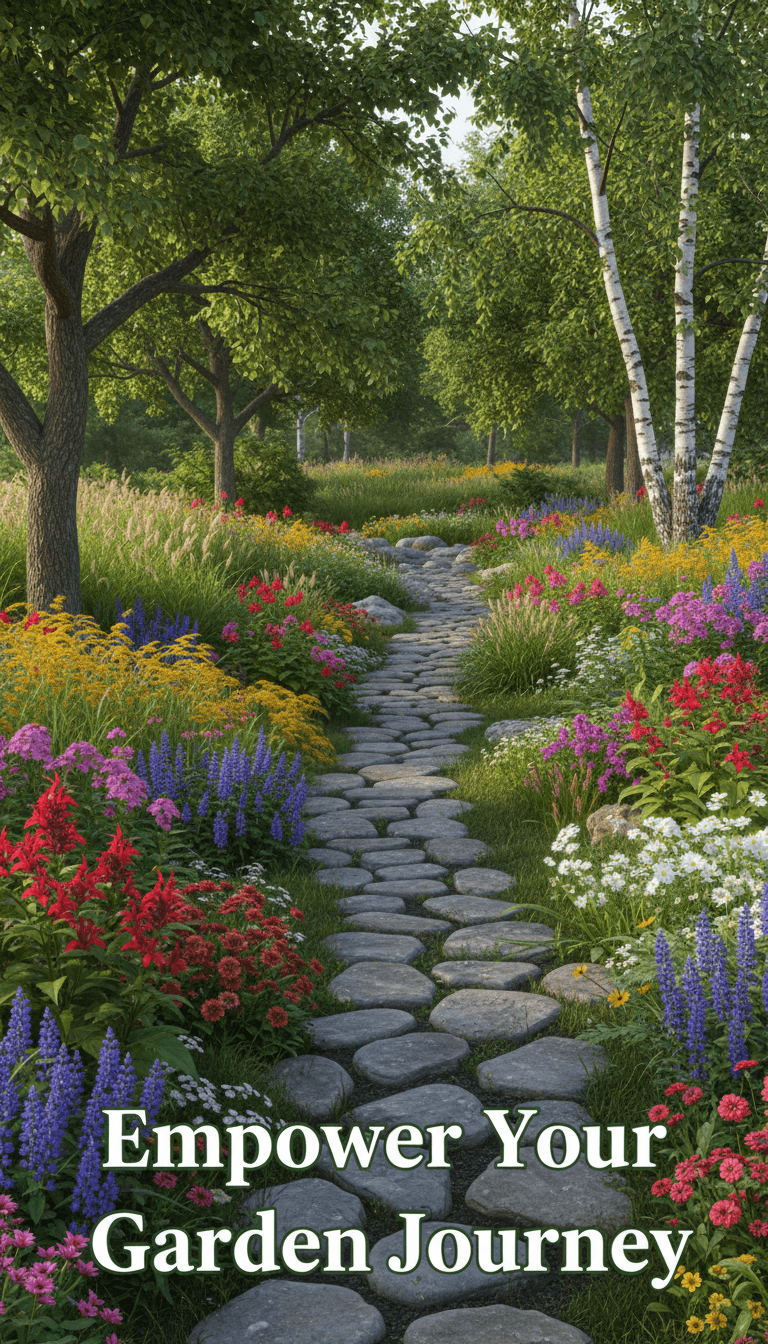 Digital rendering of a vibrant garden bed with colorful flowers and trees bordering a path.