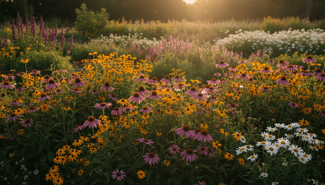 Lush garden filled with vibrant native flowers blooming in summer sunlight