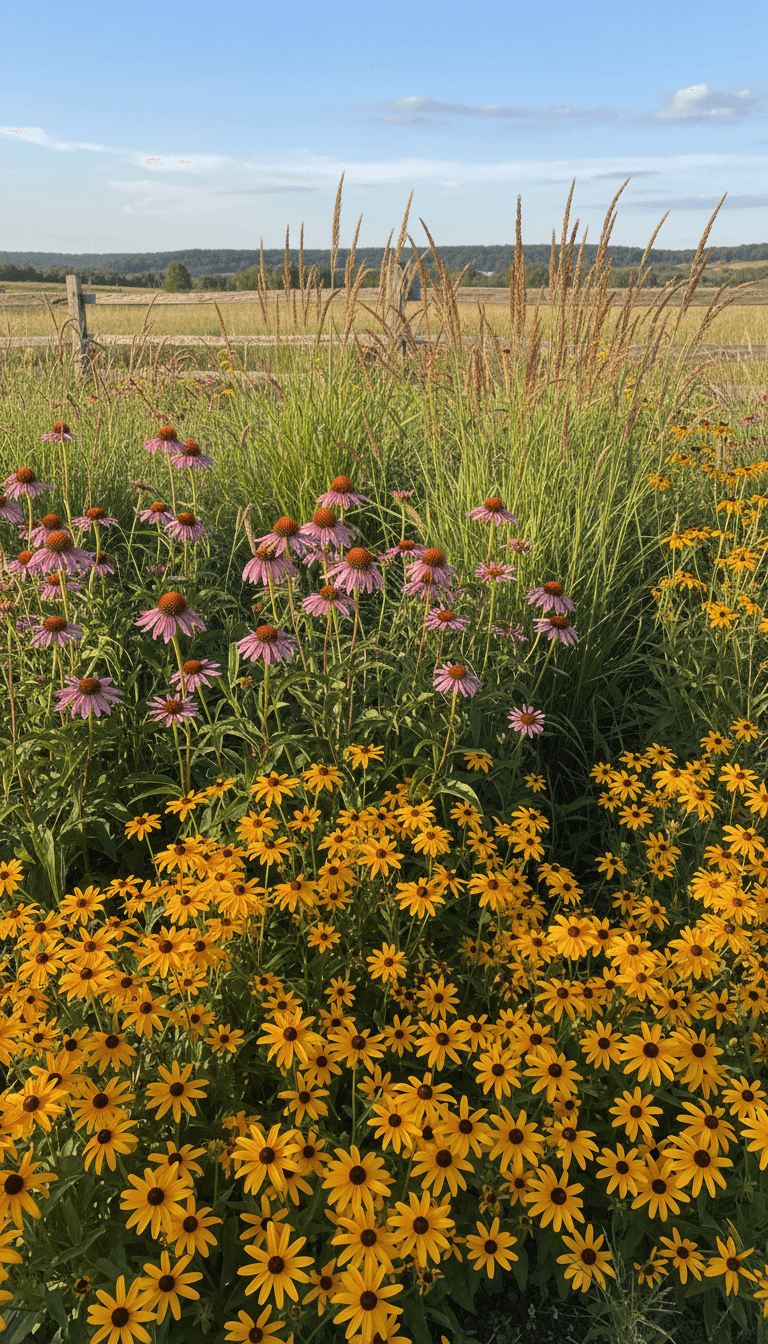 Native plant garden featuring coneflowers and wild grasses