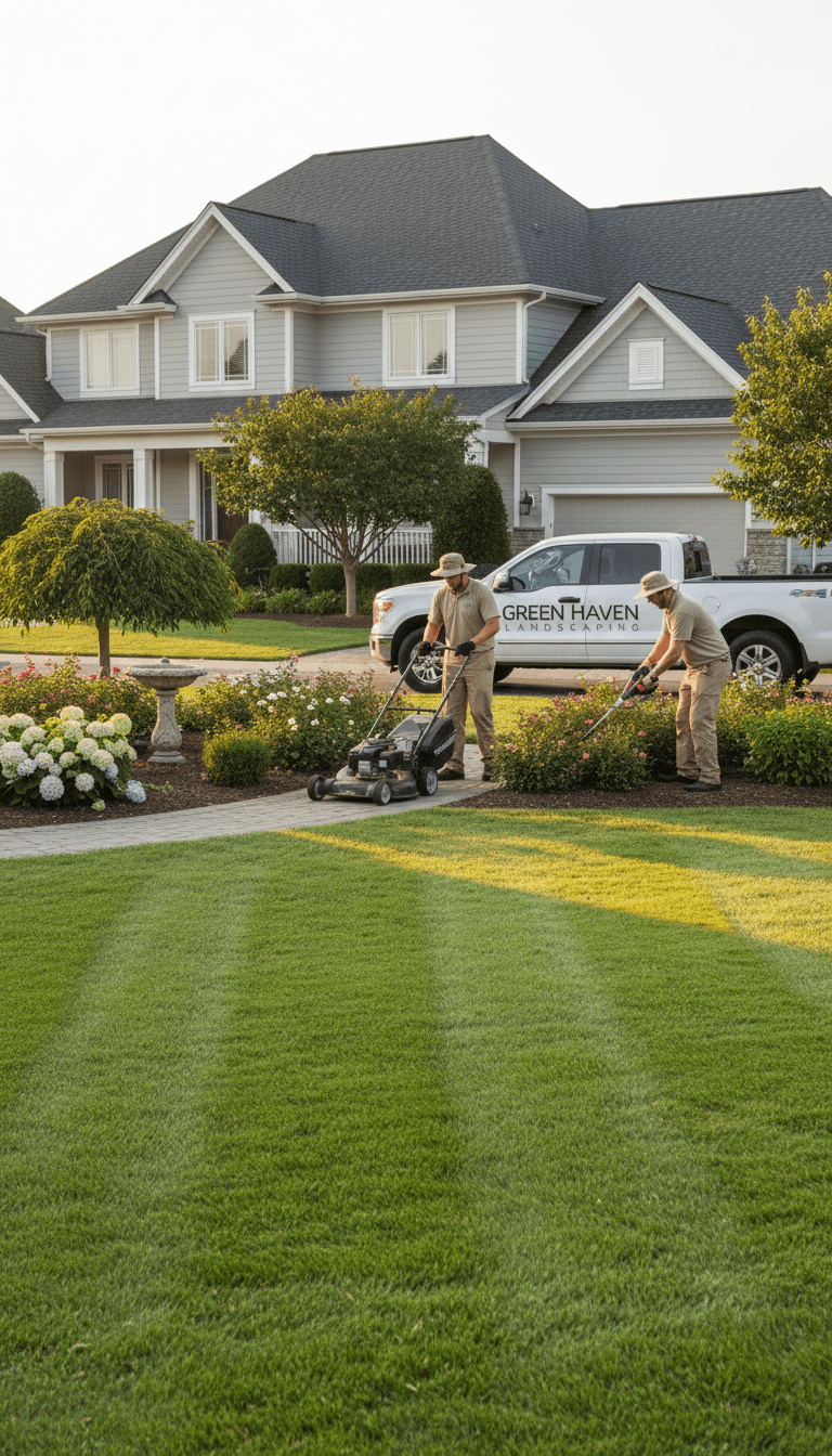 Well-maintained residential garden with healthy lawn and tidy plantings