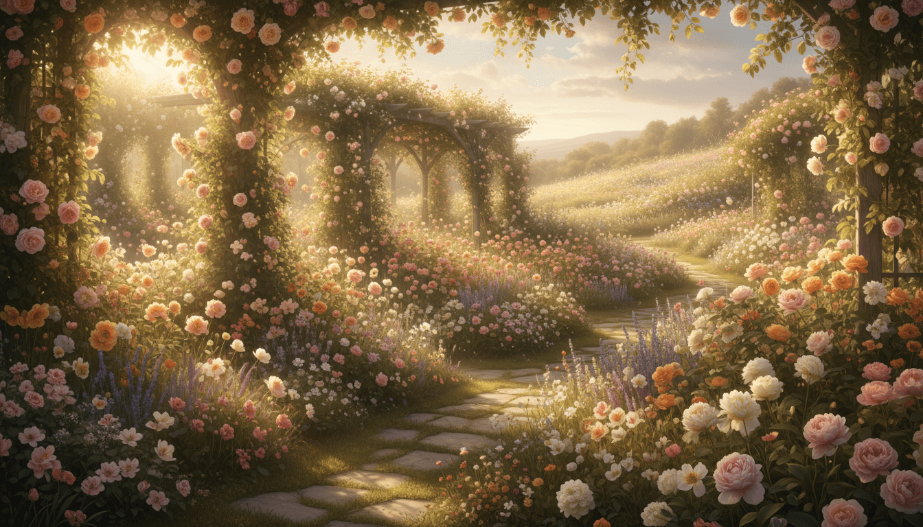 Lush garden with vibrant flowers in warm afternoon light
