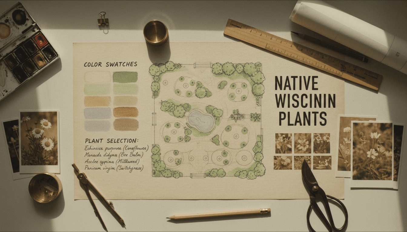 Landscape design sketch with hand-drawn garden layout, plant notes, and color swatches