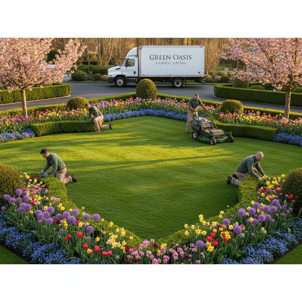 Well-maintained lawn with seasonal flower displays