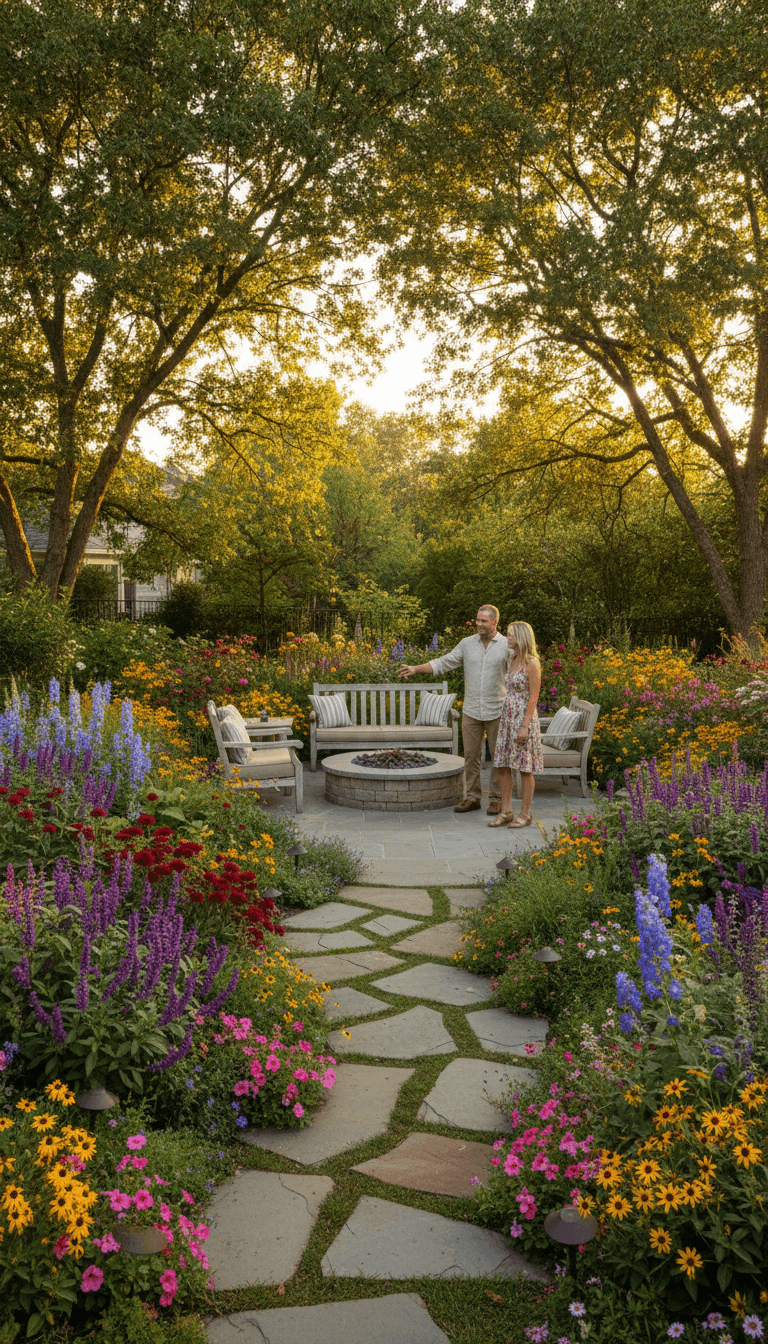Homeowner standing in lush backyard landscape with flowering beds, mature trees, stone patio, and garden lighting