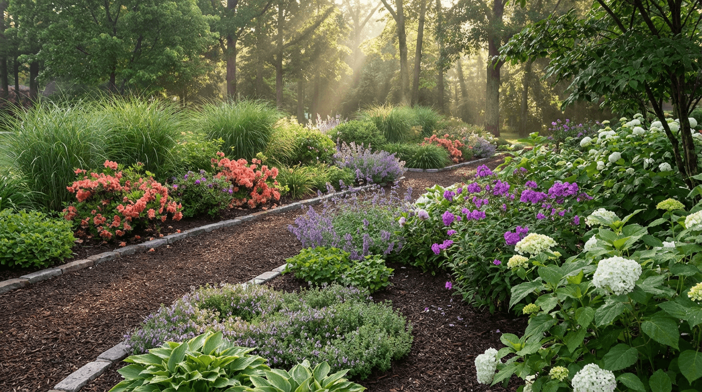 Sunbeams filter through trees onto a garden path lined with vibrant flowers and ornamental grasses.