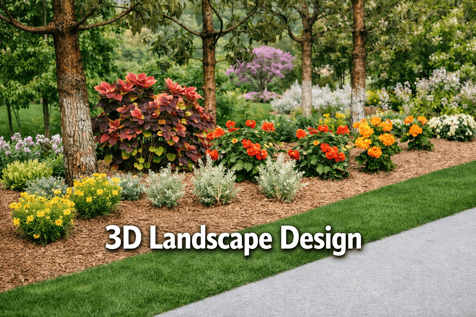 Lush garden landscape featuring colorful flowers, mulch, and trees along a manicured grass border.