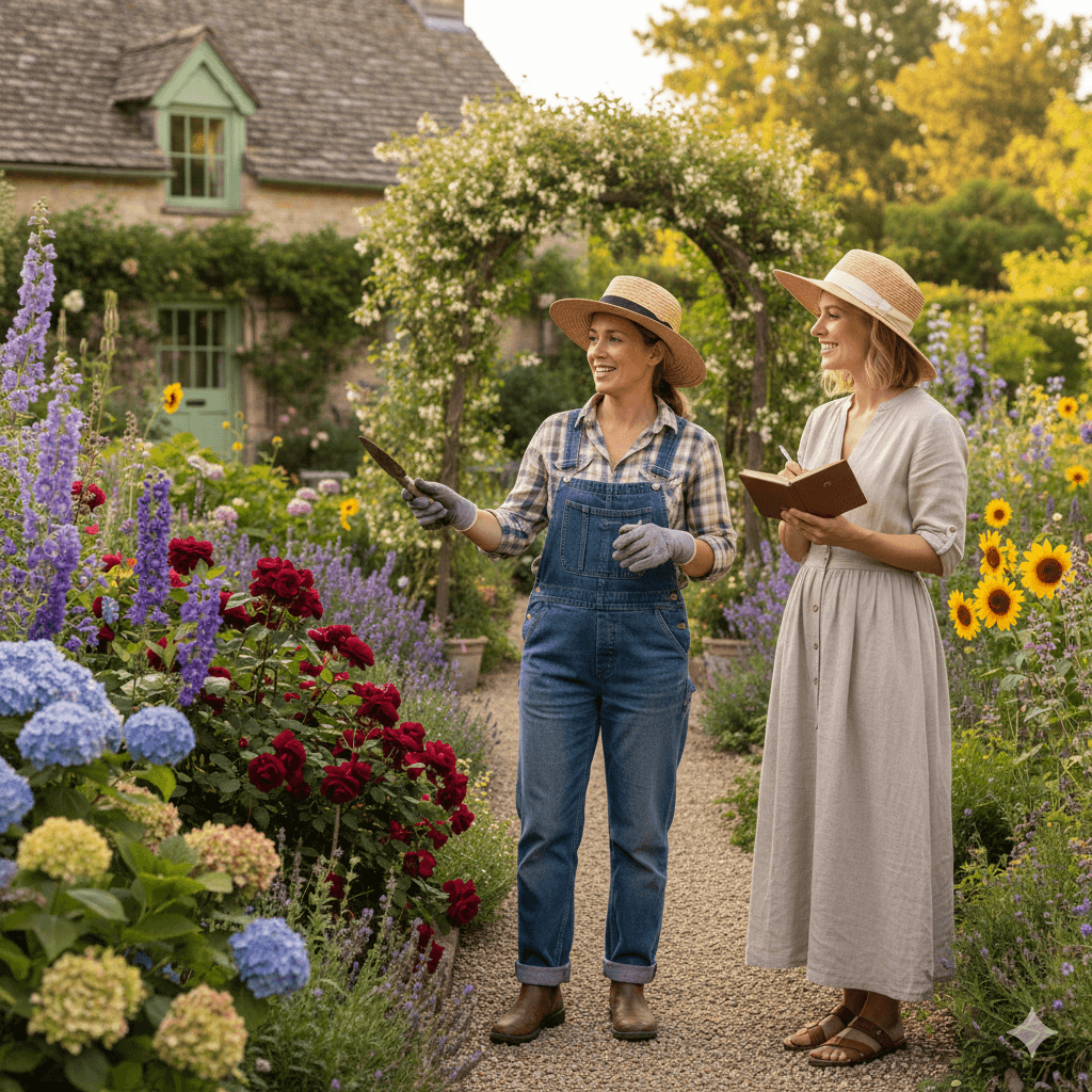 Two women in straw hats discuss gardening in a vibrant, blooming cottage flower garden.