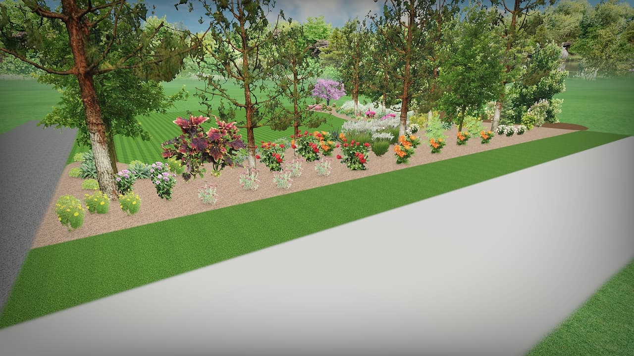 Digital rendering of a vibrant garden bed with colorful flowers and trees bordering a path.